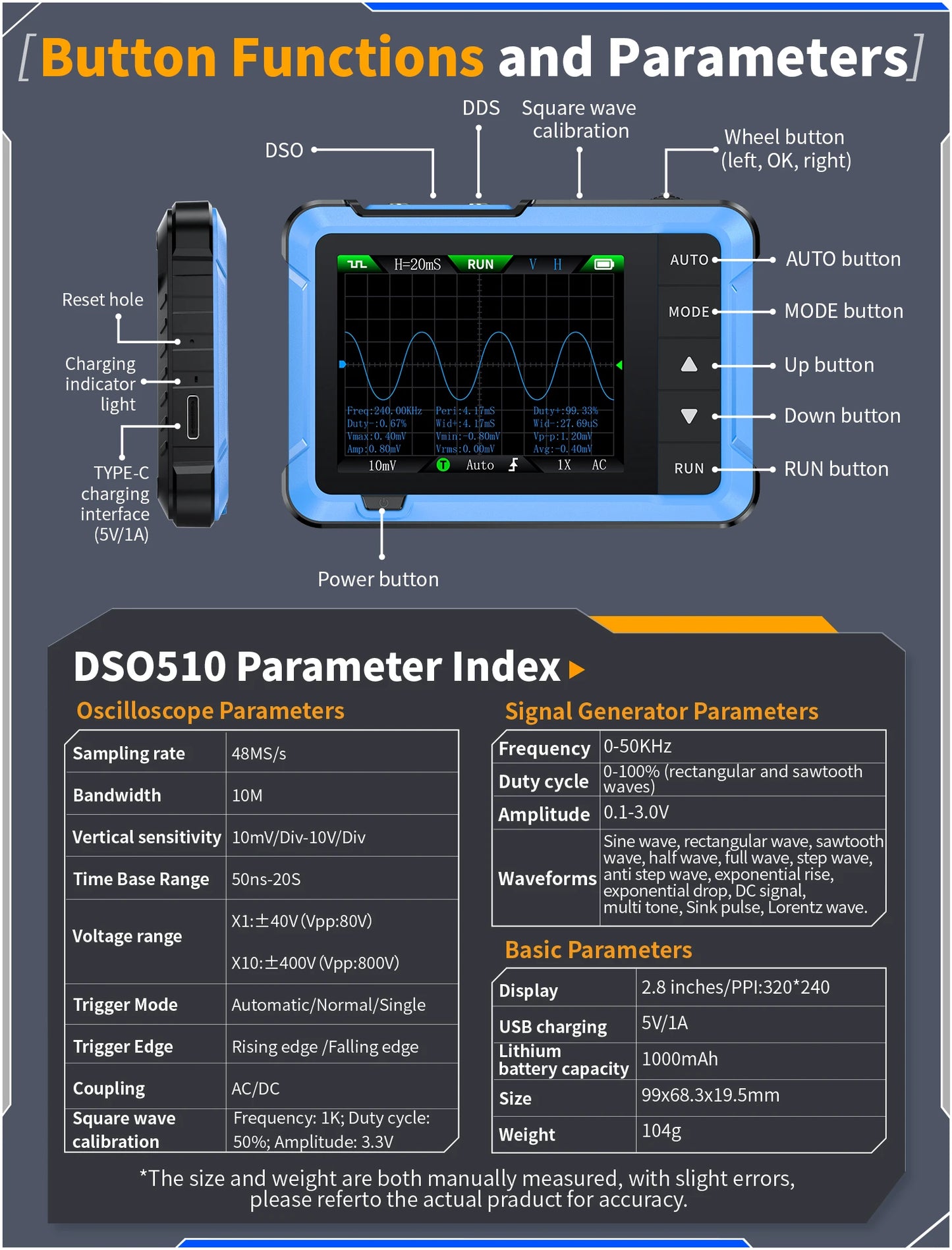 FNIRSI New DSO510 DSO152 DSO153 Mini Handheld Digital 2 IN 1 Oscilloscope Portable 48MS/s 10MHz Bandwidth Electronic Repair Tool
